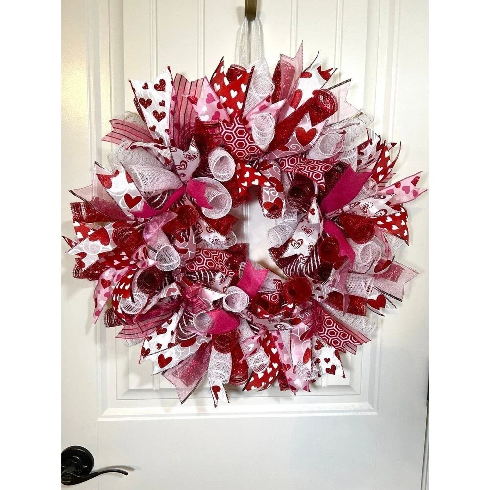 Handmade 22” Valentine’s Day Ribbon Mesh Wreath Hearts in Red & Pink w22